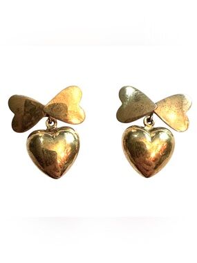 Vintage Gold Bow Heart Drop Earrings Gold